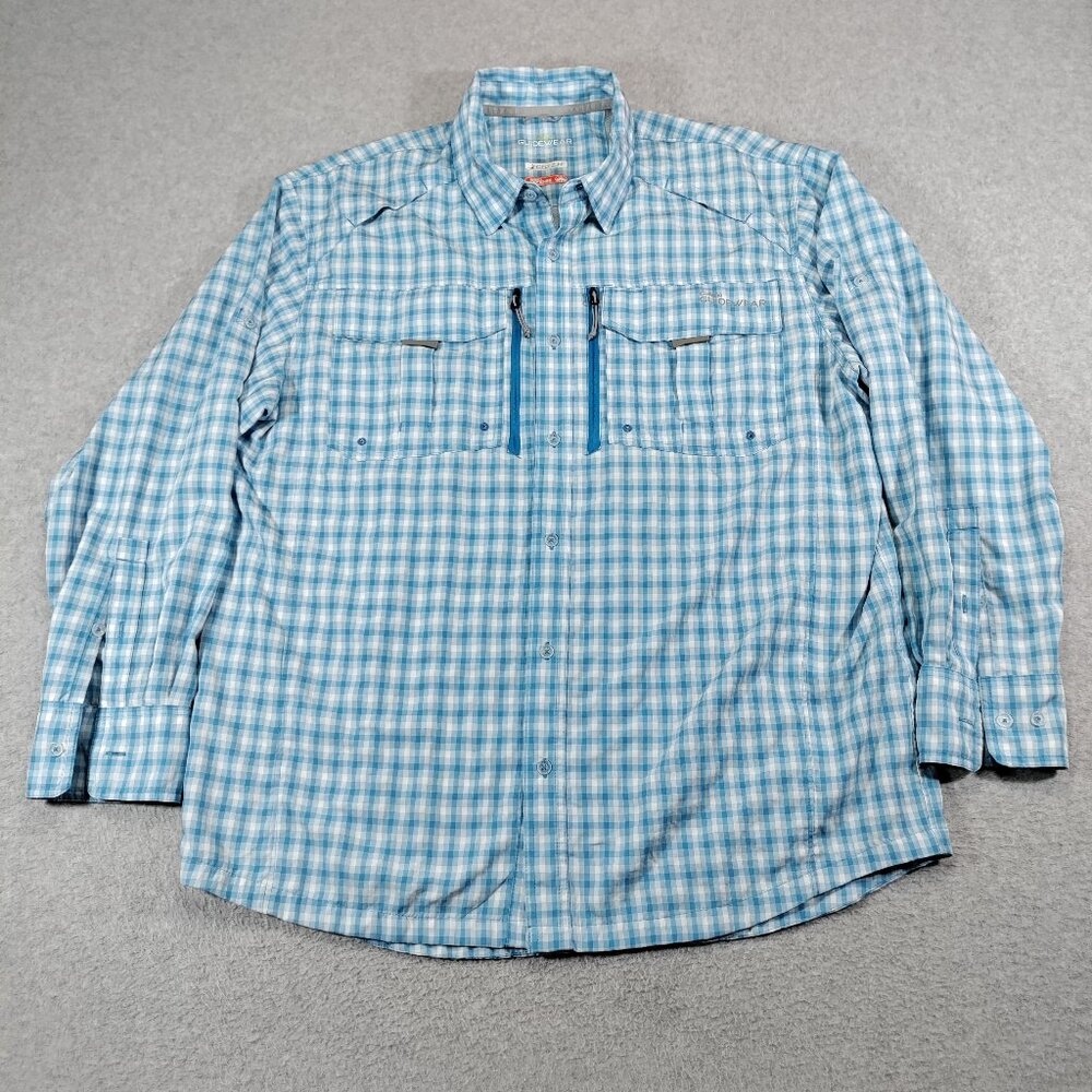 Cabelas Guidewear No Fly Zone Shirt Mens Large Blue Plaid Roll-tab Vented Nylon